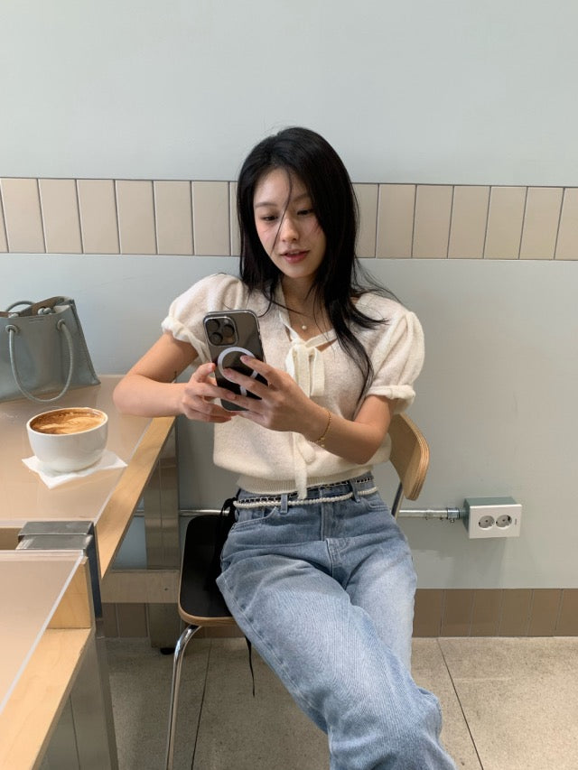 French-style Lace-up Knit Top