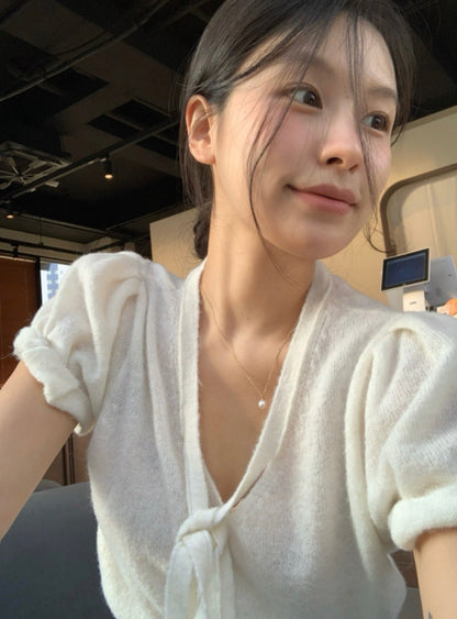 French-style Lace-up Knit Top