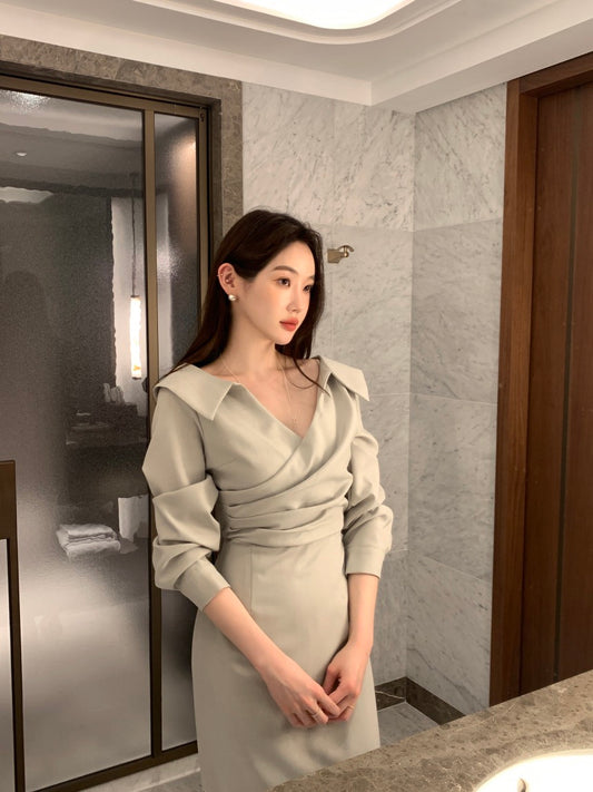 翻領收腰泡泡袖連身裙