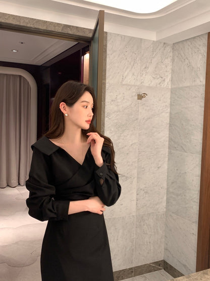 フリル襟ウエスト絞りパフスリーブワンピース