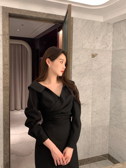 フリル襟ウエスト絞りパフスリーブワンピース