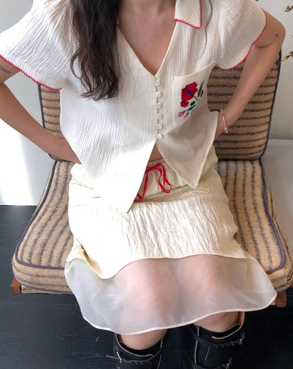 V領花朵刺繡top+半身裙set