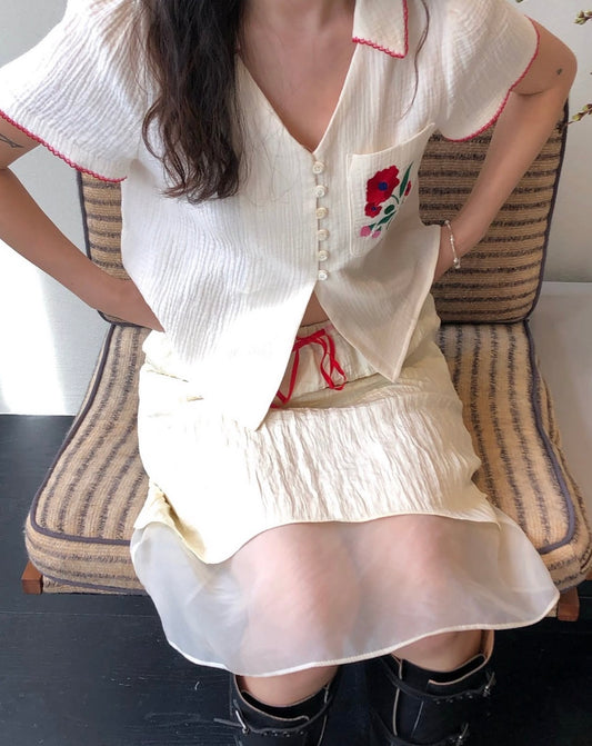 V領花朵刺繡top+半身裙set