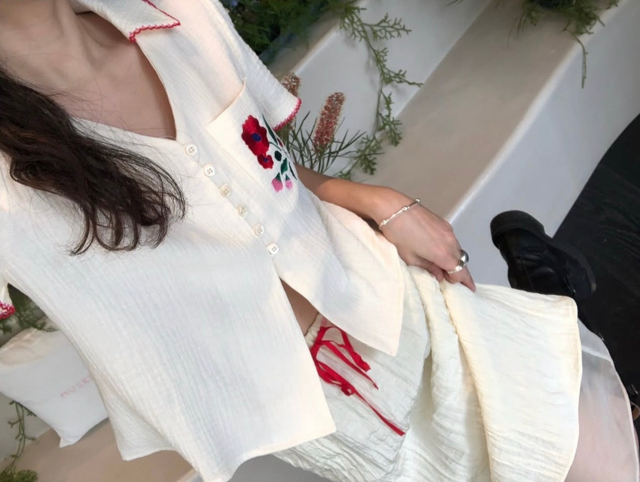 V領花朵刺繡top+半身裙set