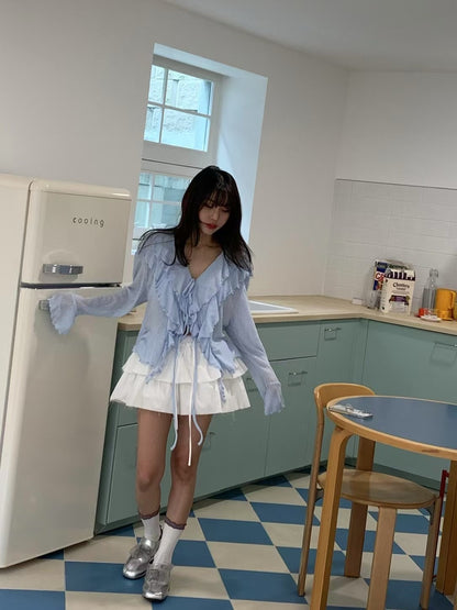 V領系帶喇叭袖恤衫