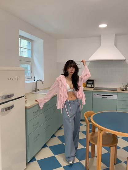 V領系帶喇叭袖恤衫