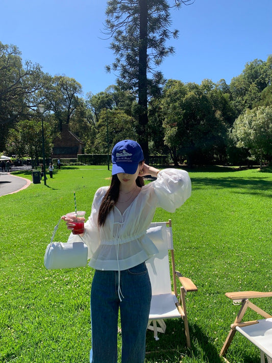 V領抽繩收腰泡泡袖雪紡恤衫