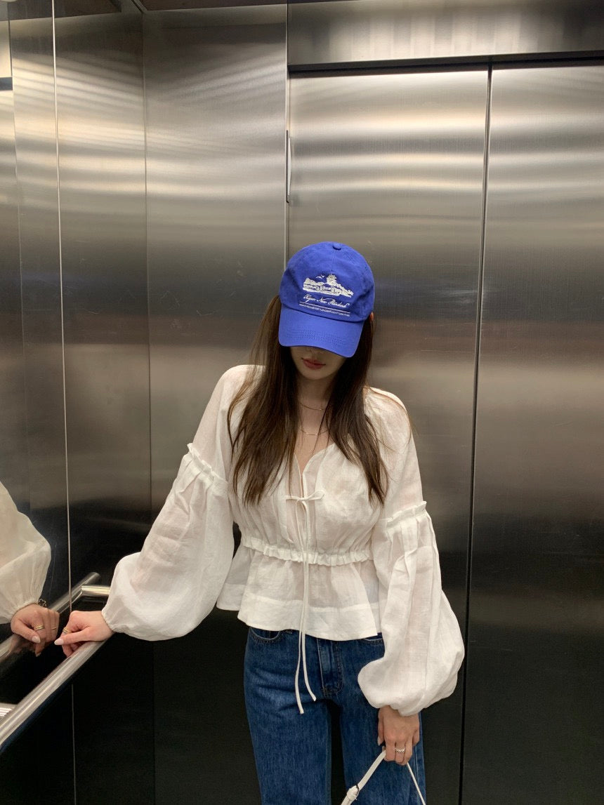 V領抽繩收腰泡泡袖雪紡恤衫