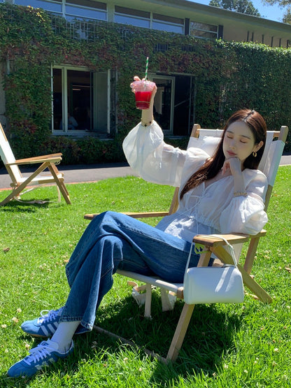 V領抽繩收腰泡泡袖雪紡恤衫