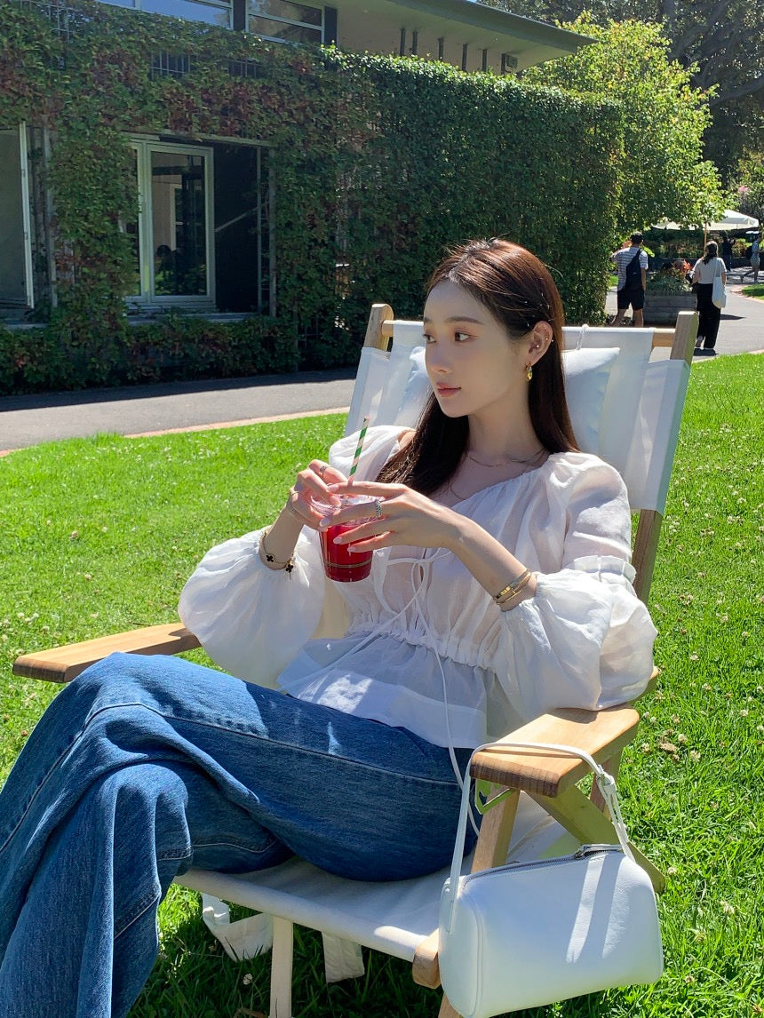 V領抽繩收腰泡泡袖雪紡恤衫