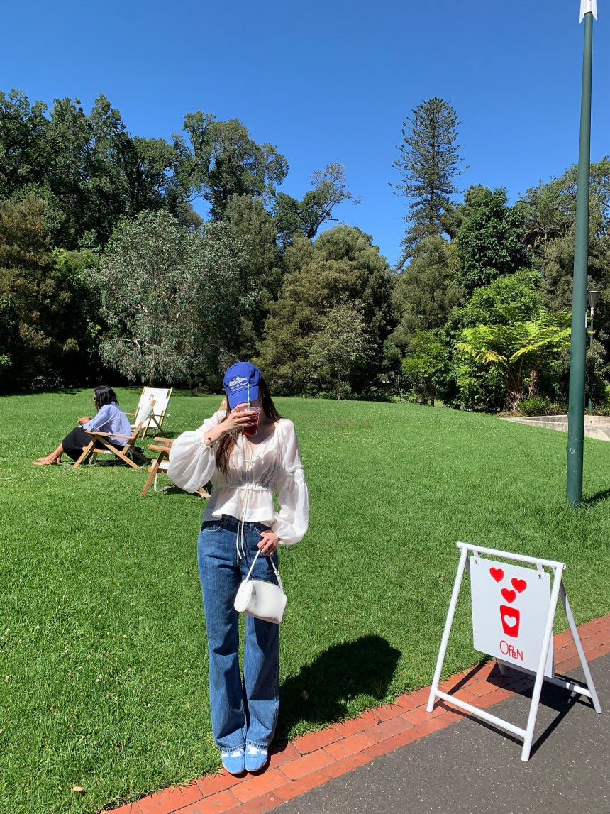 V領抽繩收腰泡泡袖雪紡恤衫