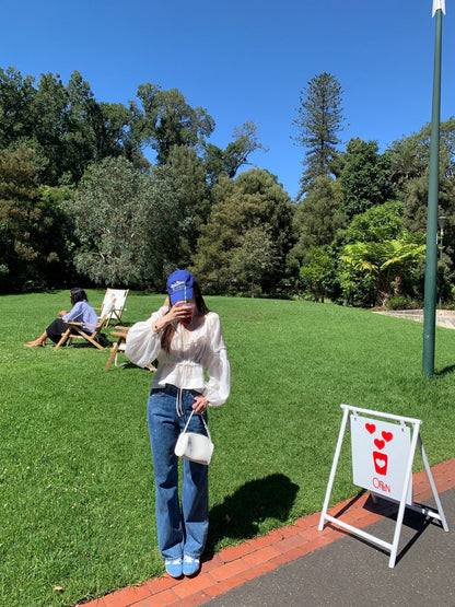 V領抽繩收腰泡泡袖雪紡恤衫