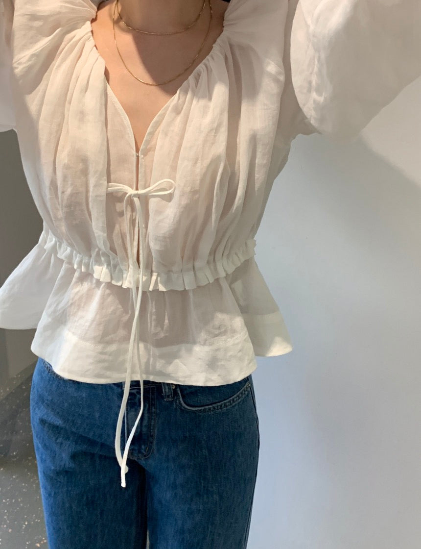 V領抽繩收腰泡泡袖雪紡恤衫