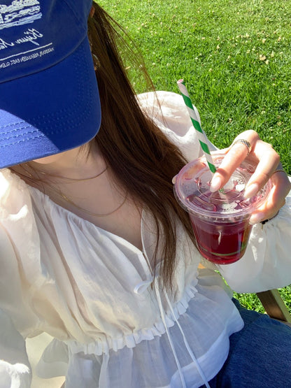 V領抽繩收腰泡泡袖雪紡恤衫