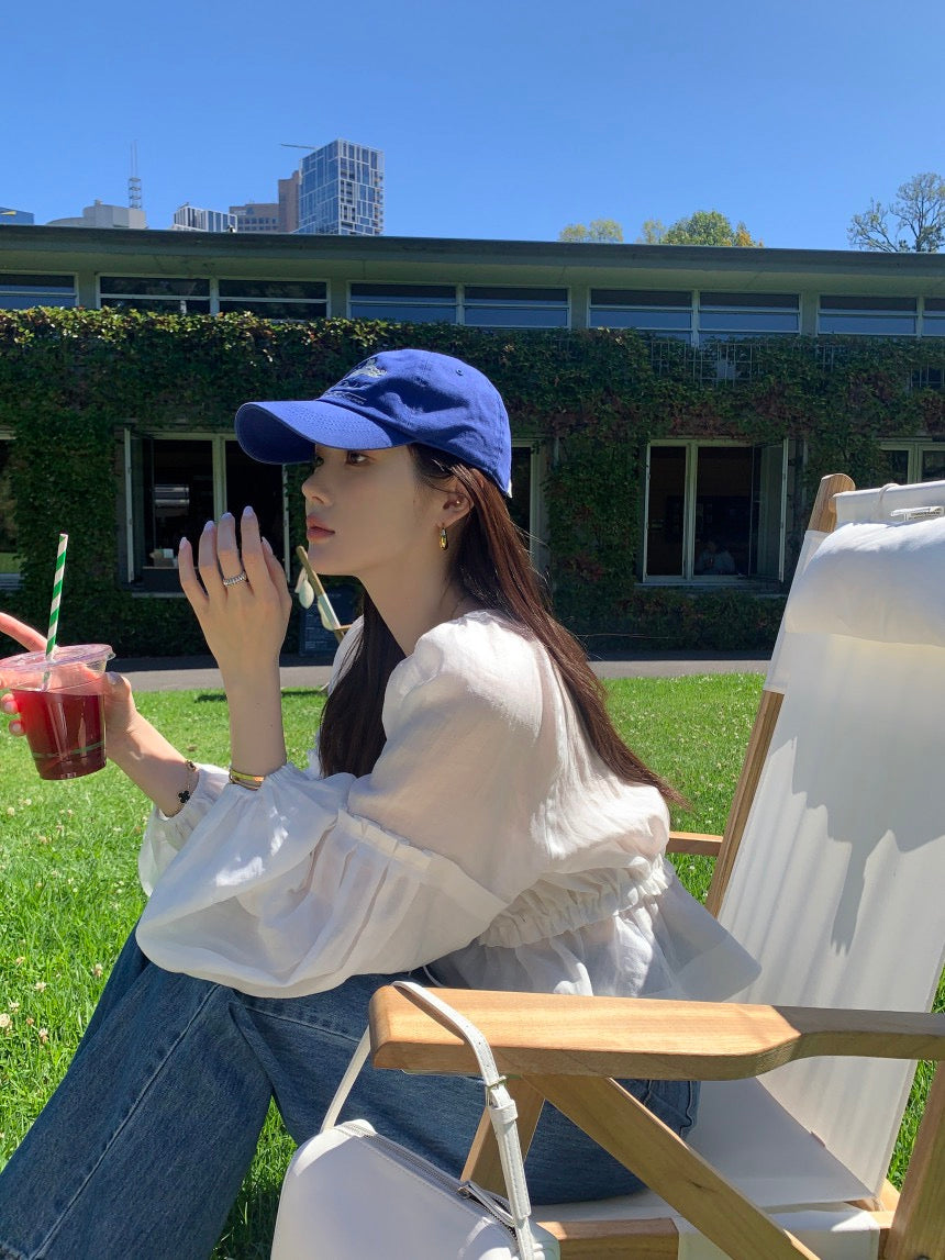 V領抽繩收腰泡泡袖雪紡恤衫