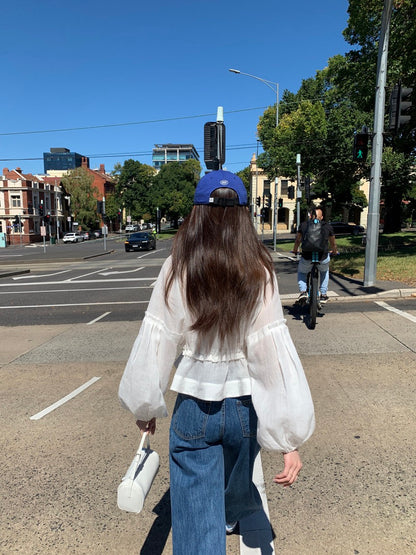 V領抽繩收腰泡泡袖雪紡恤衫