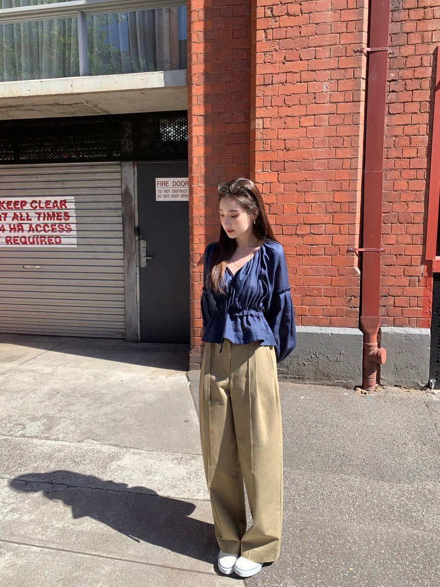 V領抽繩收腰泡泡袖雪紡恤衫