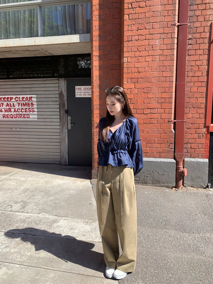 V領抽繩收腰泡泡袖雪紡恤衫