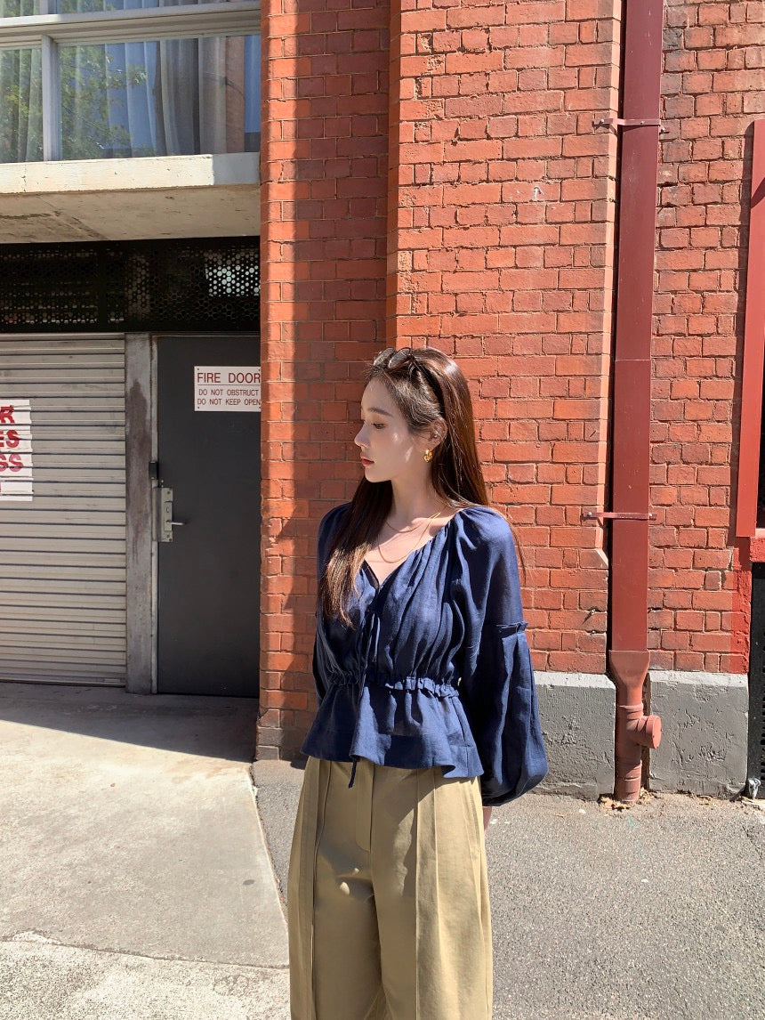 V領抽繩收腰泡泡袖雪紡恤衫