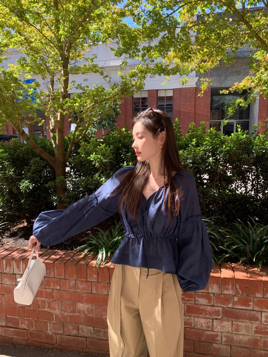 V領抽繩收腰泡泡袖雪紡恤衫