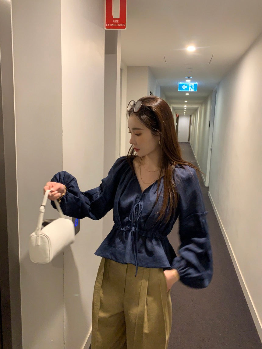 V領抽繩收腰泡泡袖雪紡恤衫