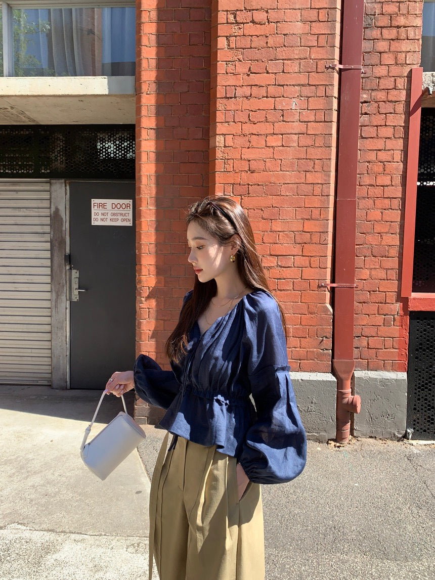 V領抽繩收腰泡泡袖雪紡恤衫