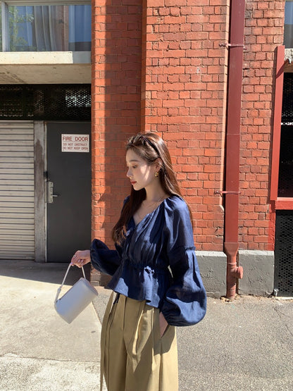 V領抽繩收腰泡泡袖雪紡恤衫