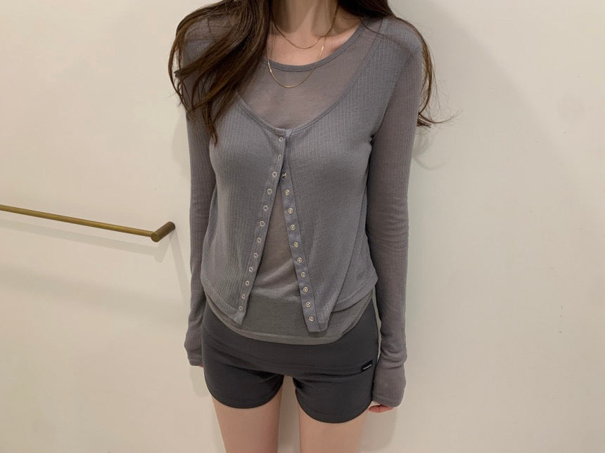Sweet Button-Down Faux Two-Piece Top
