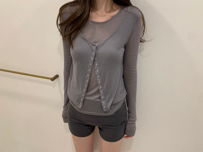 Sweet Button-Down Faux Two-Piece Top