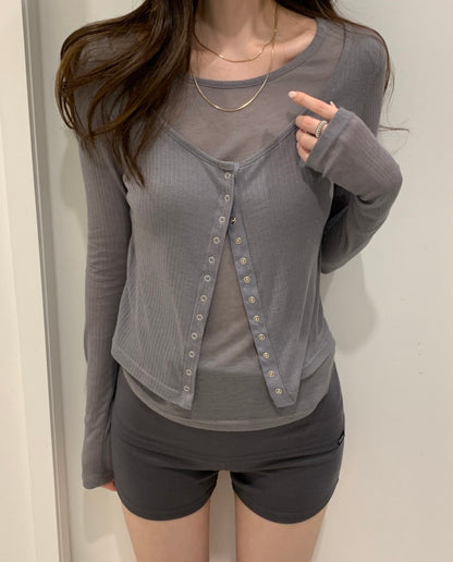 Sweet Button-Down Faux Two-Piece Top