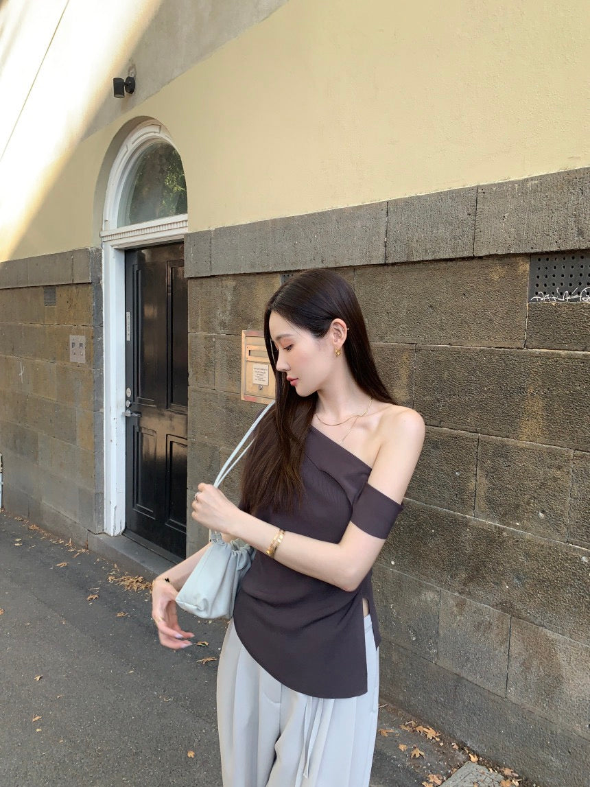 French-style asymmetrical off-shoulder top