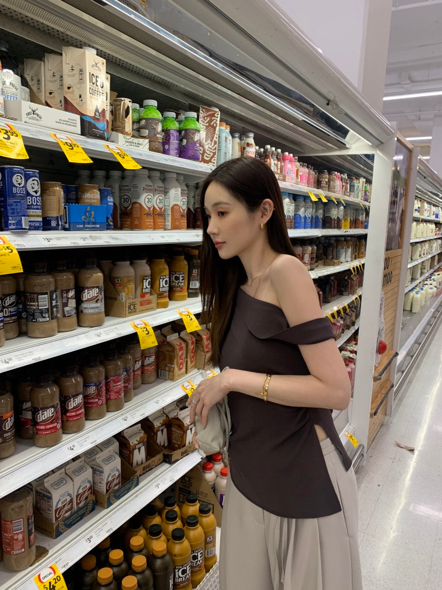 French-style asymmetrical off-shoulder top