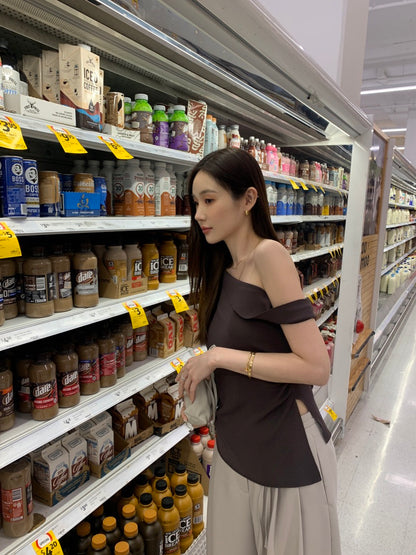 French-style asymmetrical off-shoulder top