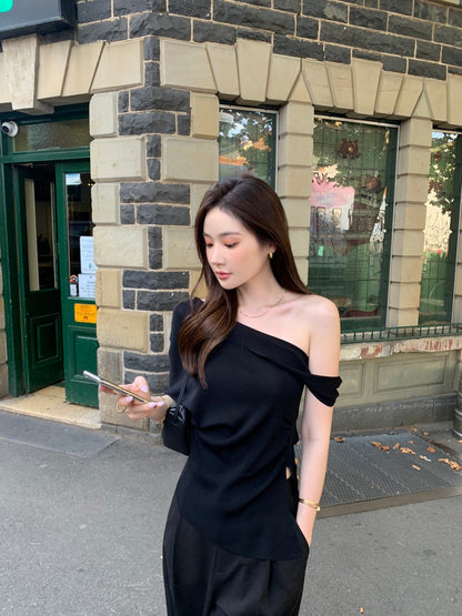French-style asymmetrical off-shoulder top