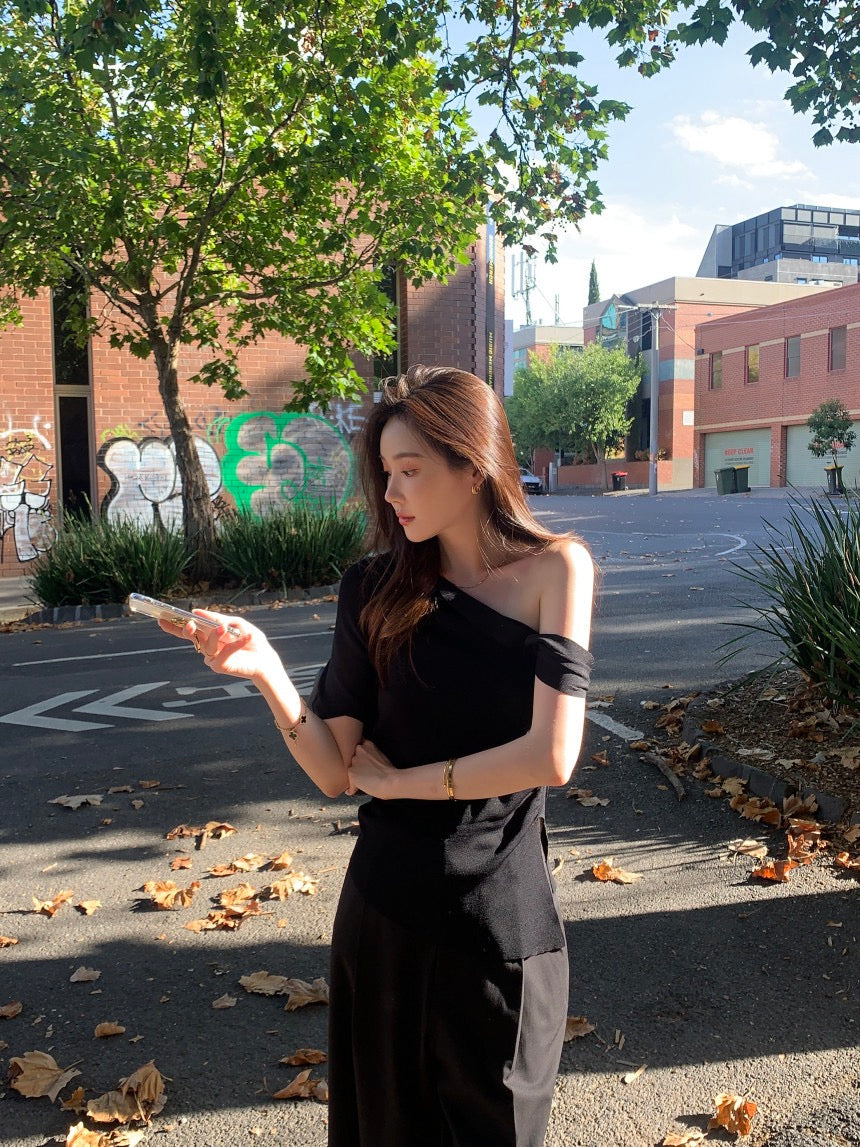 French-style asymmetrical off-shoulder top