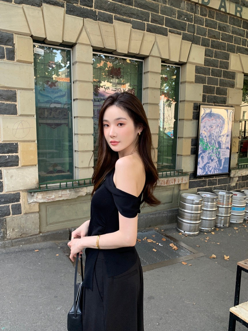 French-style asymmetrical off-shoulder top