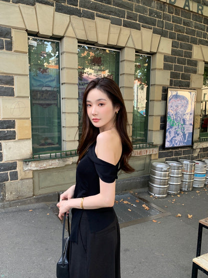 French-style asymmetrical off-shoulder top