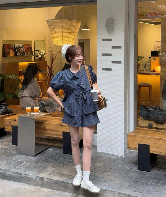 French Bow Tie Blouse + Shorts Set