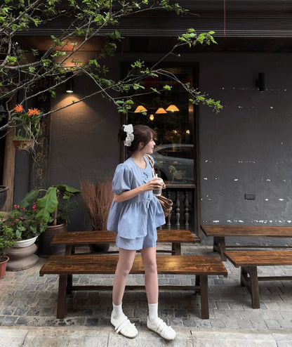 法式蝴蝶結恤衫+短褲set