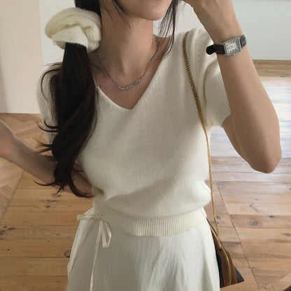 V領短袖針織+髮圈