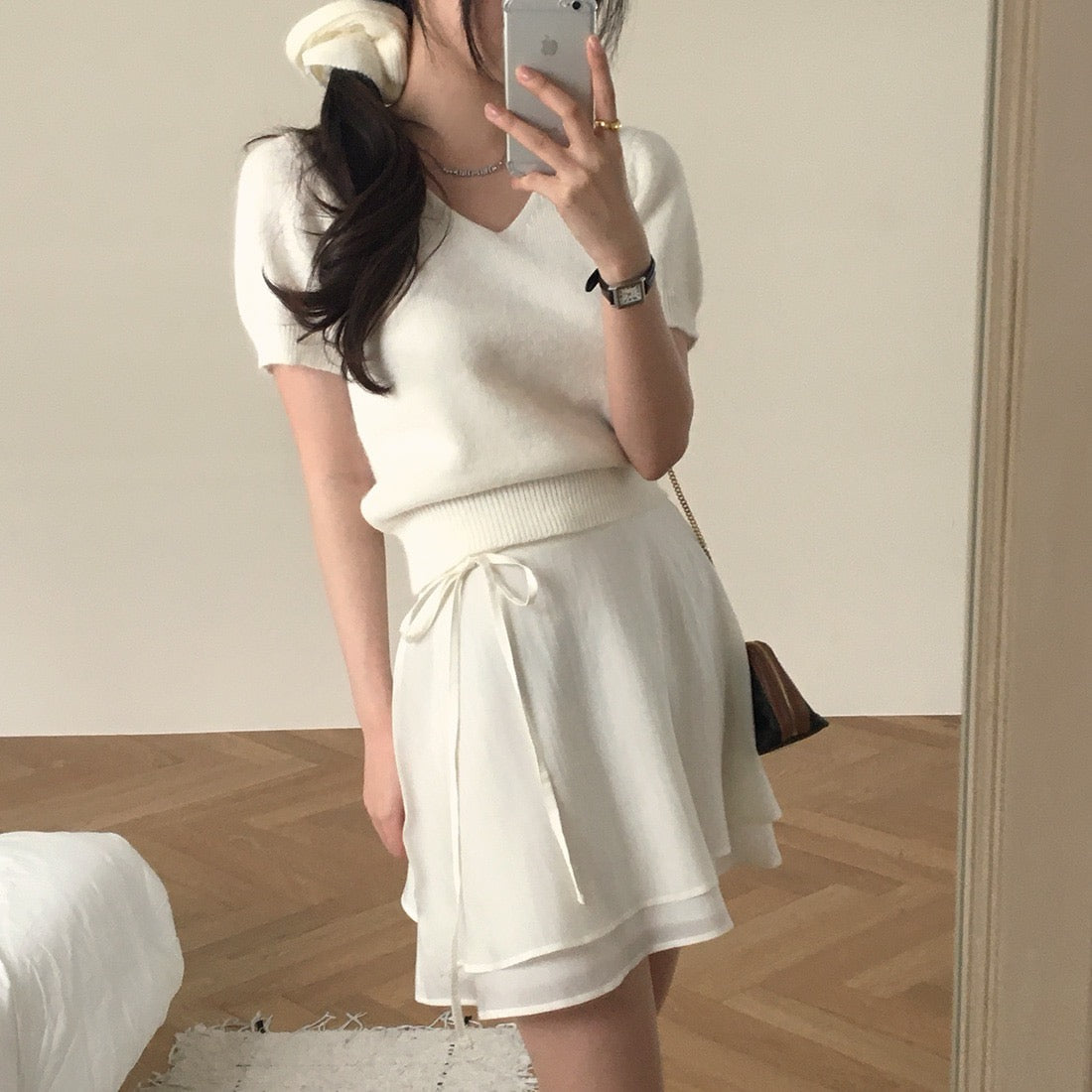 V領短袖針織+髮圈