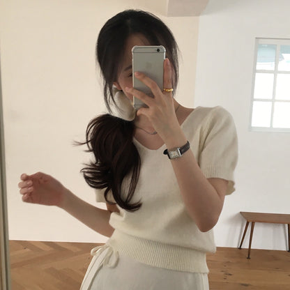 V領短袖針織+髮圈