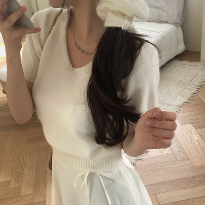 V領短袖針織+髮圈