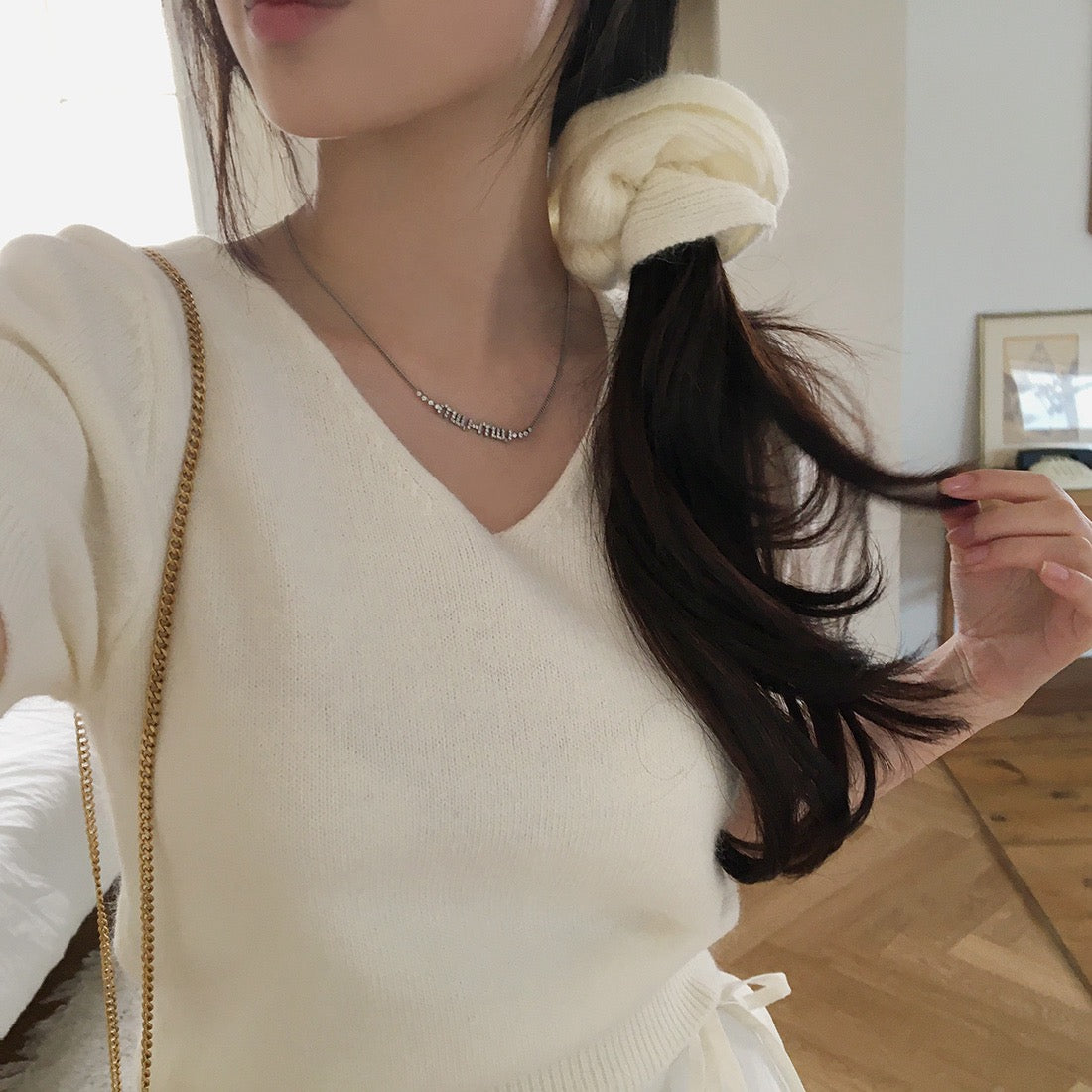 V領短袖針織+髮圈