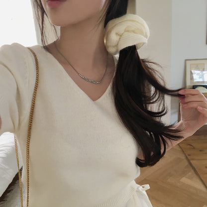 V領短袖針織+髮圈