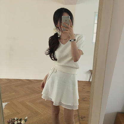 V領短袖針織+髮圈
