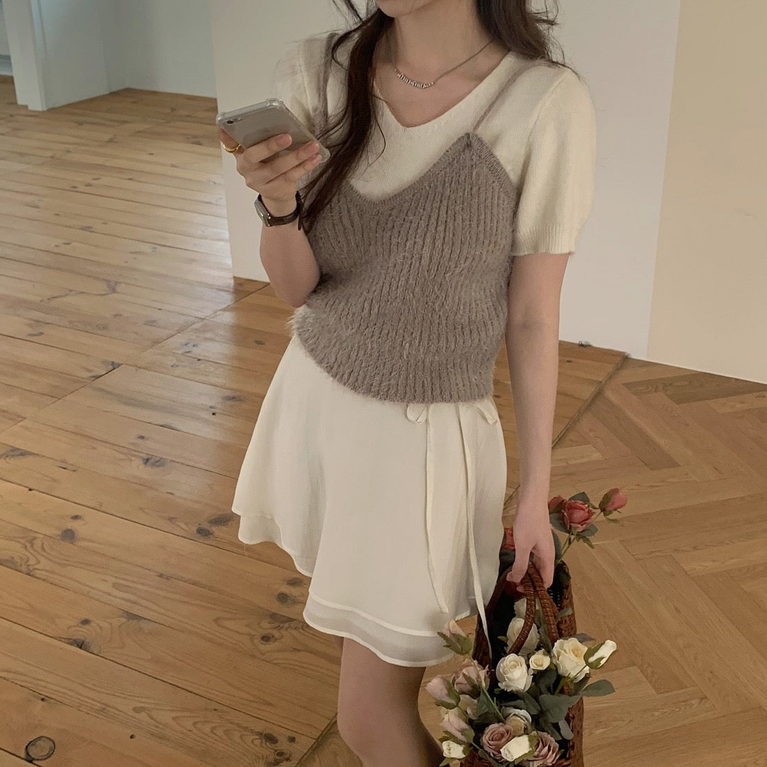 V領短袖針織+髮圈