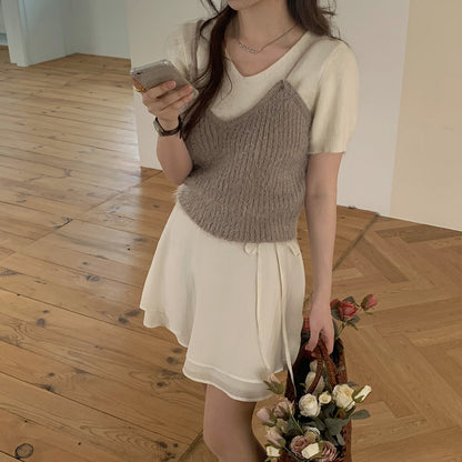 V領短袖針織+髮圈