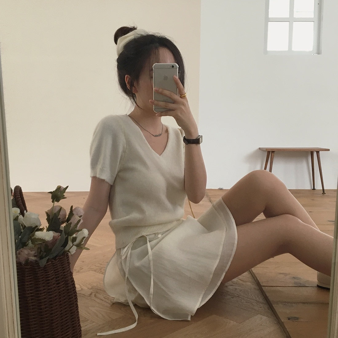 V領短袖針織+髮圈