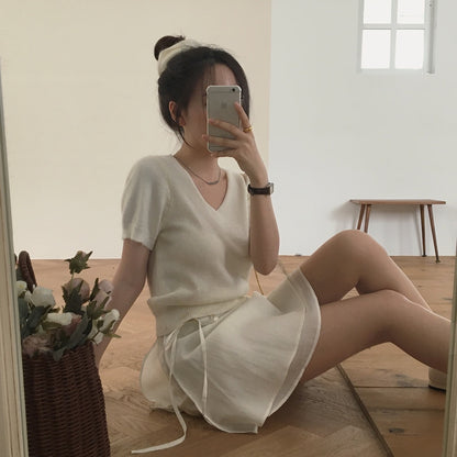 V領短袖針織+髮圈